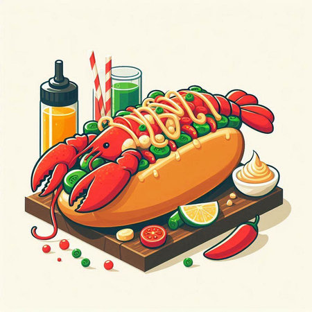 Illustration of a hot dog on a wooden board with ingredients.のイラスト素材