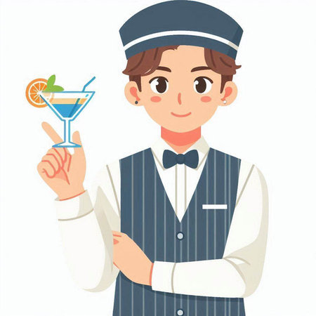 Illustration of a young waiter holding a cocktail in his hand.のイラスト素材