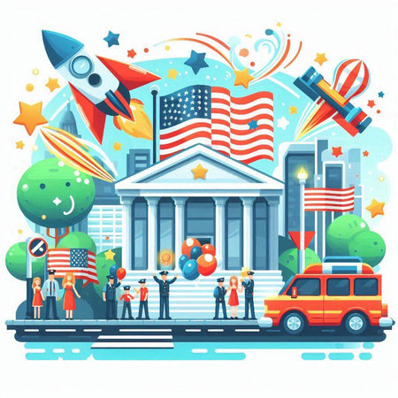 Vector cartoon illustration of american people celebrating 4th of July holiday.のイラスト素材