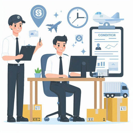 Delivery man in uniform working on laptop at the office. Flat style vector illustration.のイラスト素材