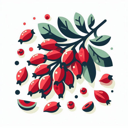 Hand drawn vector illustration of rosehip branch with berries and leaves.のイラスト素材
