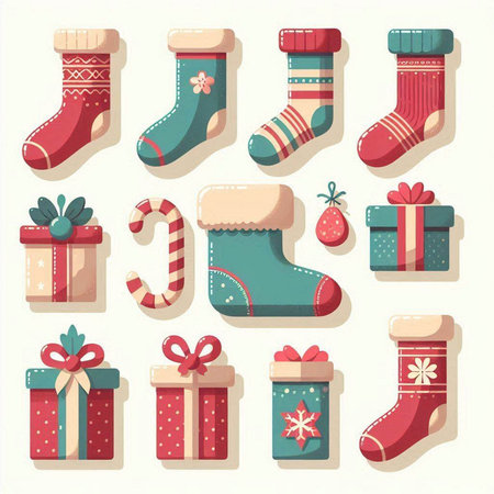 Set of christmas socks with gifts and ribbons. Vector illustration.のイラスト素材