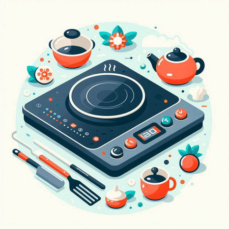 Vector illustration of a turntable with a cup of coffee and a teapotのイラスト素材