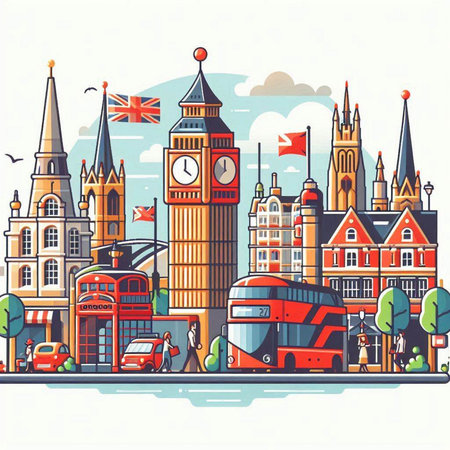 London city panorama with famous buildings and landmarks. Vector illustration.のイラスト素材