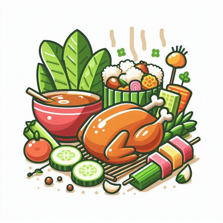 Illustration of Chinese food with chicken, rice, vegetables and soupのイラスト素材