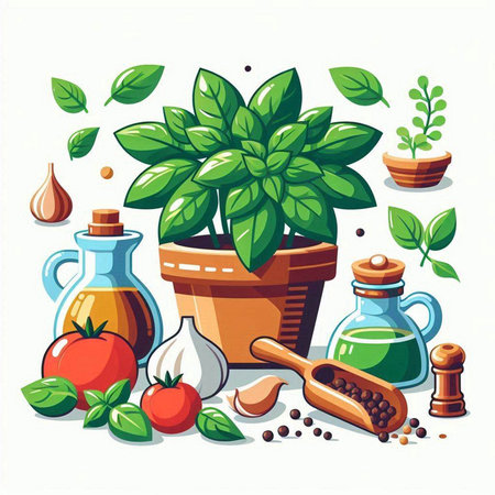 Herbs and spices in pots. Vector illustration in cartoon style.のイラスト素材