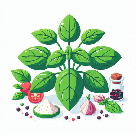 Vector illustration of fresh basil leaves, pepper, garlic and tomato.のイラスト素材