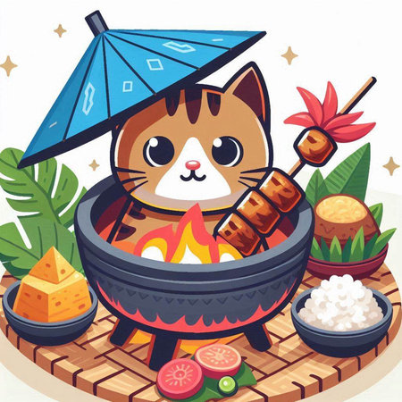 Illustration of a cat in a pot with rice and a katanaのイラスト素材