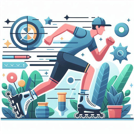 Roller skating flat vector illustration. Man in sportswear on roller skates riding on the road.のイラスト素材