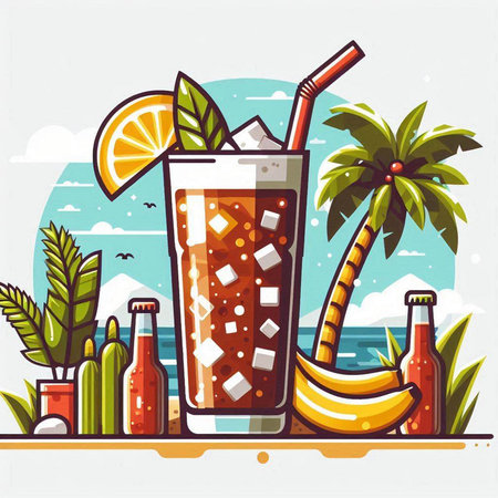 Cocktail on the beach. Vector illustration in flat style.のイラスト素材