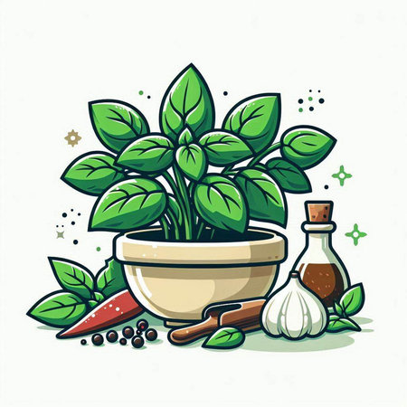 Herbs and spices in a pot. Vector illustration on white background.のイラスト素材
