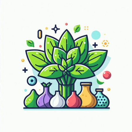 Colorful vector illustration with green plants and flasks in flat style.のイラスト素材