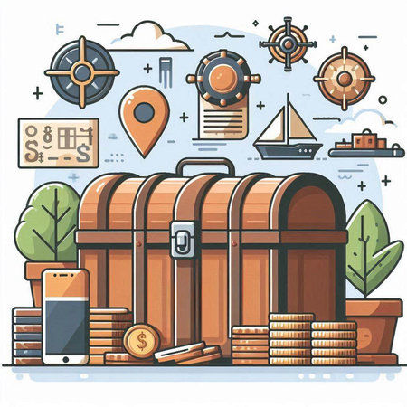 Vector illustration of a treasure chest on the background of the city.のイラスト素材