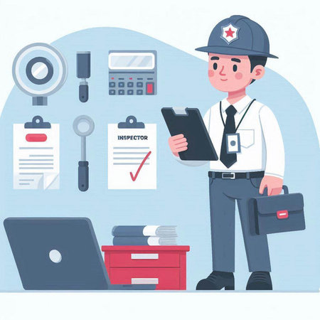 Vector illustration of a man in a police uniform with a clipboard and a laptop.のイラスト素材