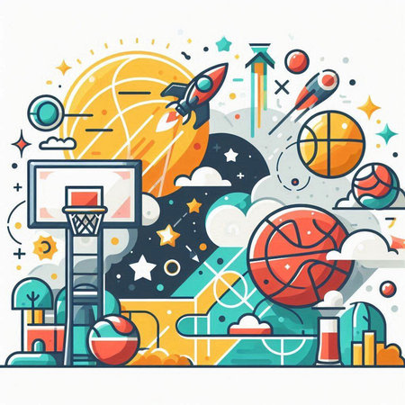 Vector illustration of sport background with basketball, rocket, balls, hoop. Line art design for web, site, advertising, banner, poster, board and print.のイラスト素材