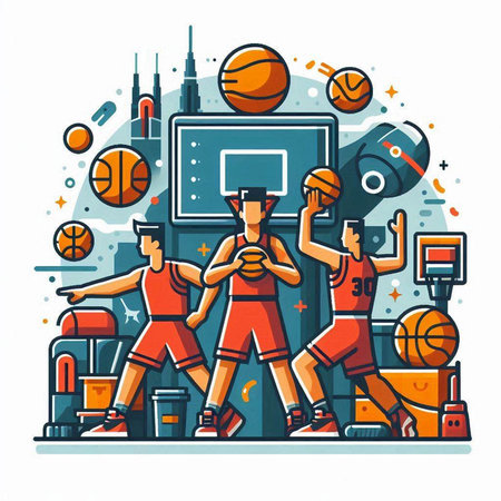 Basketball players, sport equipment. Vector illustration in line art styleのイラスト素材