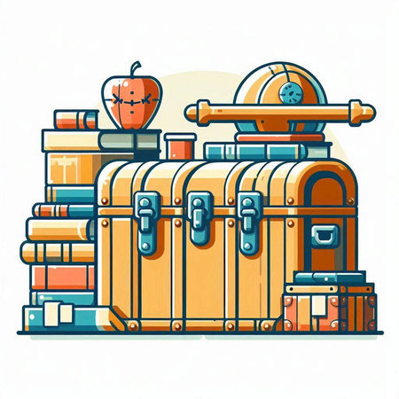 Vector illustration of an old wooden chest full of luggage and apples.のイラスト素材