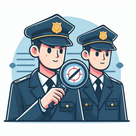 Police officer looking through a magnifying glass at a policeman. Vector illustration.のイラスト素材