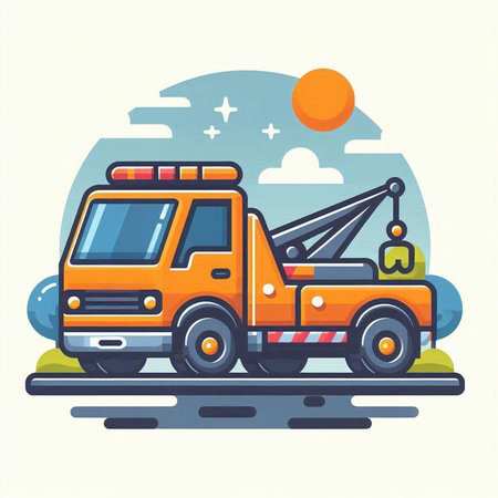 Vector illustration of a tow truck on the road. Flat style.のイラスト素材