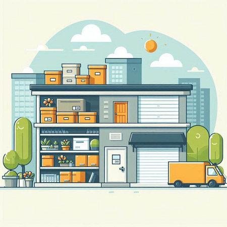 Modern flat design style vector illustration of a warehouse with boxes and delivery truckのイラスト素材