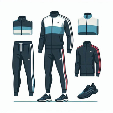 Set of sportswear. T-shirt, jacket, shorts and sneakers. Vector illustrationのイラスト素材