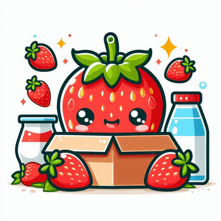 Strawberry cartoon character with box of milk. Vector illustration.のイラスト素材