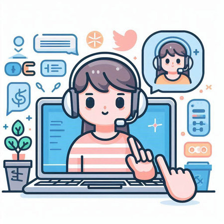 Illustration of a call center customer service worker with headset and laptopのイラスト素材