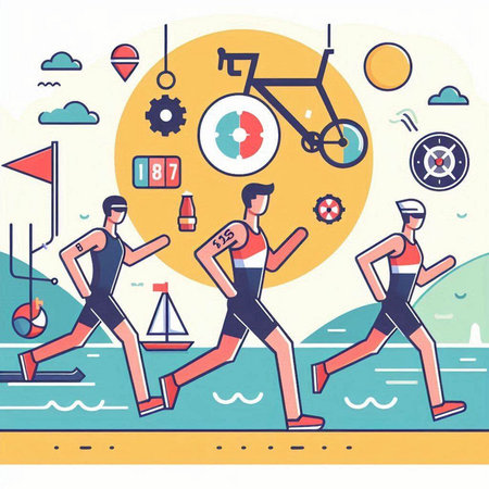 Vector illustration of people running on the beach. Healthy lifestyle concept.のイラスト素材