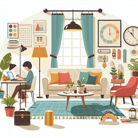 Living room interior with furniture, sofa, coffee table, bookshelf, coffee table, lamp and plants. Vector illustration.のイラスト素材