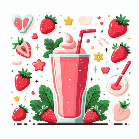Strawberry milkshake in a glass with a straw. Vector illustration.のイラスト素材