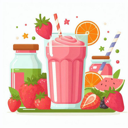 Strawberry smoothie in glass and jar. Vector illustration.のイラスト素材