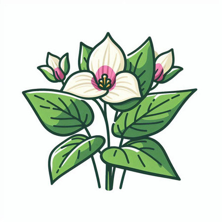 Illustration of a white flower with green leaves on a white backgroundのイラスト素材