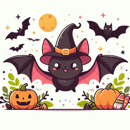 Halloween background with cute bat and pumpkins. Vector illustration.のイラスト素材