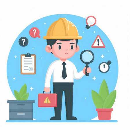 Businessman with hard hat and magnifying glass. Vector illustration.のイラスト素材