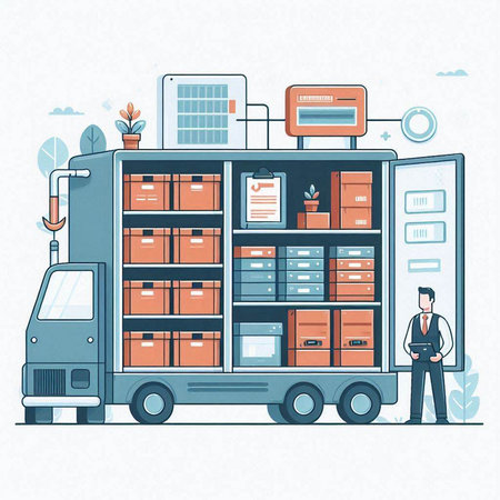 Vector illustration of logistic and delivery service. Delivery truck with boxes.のイラスト素材