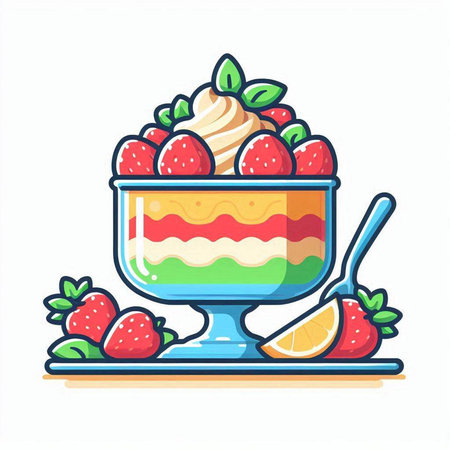 Cake with strawberries and whipped cream. Vector illustration in cartoon style.のイラスト素材