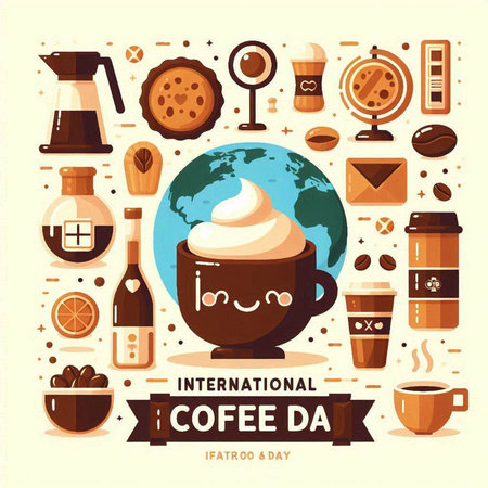 International Coffee Day banner with lettering and coffee icons. Vector illustrationのイラスト素材