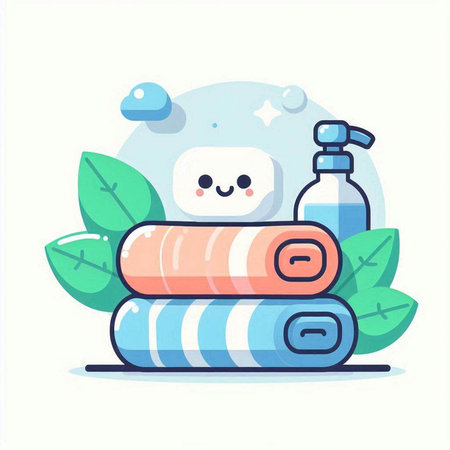 Spa towels with soap and shampoo. Vector illustration in cartoon styleのイラスト素材