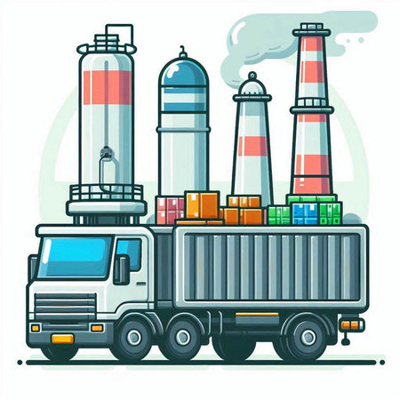 Truck with container and oil refinery. Vector illustration in flat styleのイラスト素材