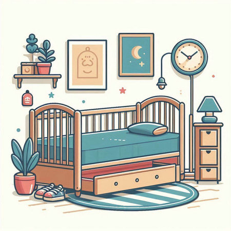 Vector illustration of children's room with bed, clock and plants.のイラスト素材