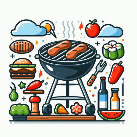 Barbecue grill with grilled sausages and vegetables. Vector illustrationのイラスト素材