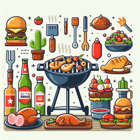 Barbecue party. Grill with food and drinks. Vector illustration.のイラスト素材