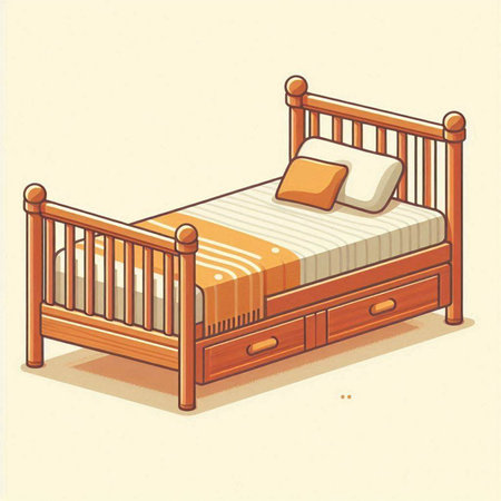 Illustration of a wooden bed with a pillow in cartoon style.のイラスト素材
