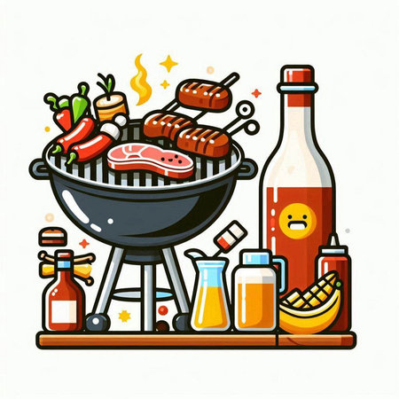 Barbecue with food. Vector illustration in doodle style.のイラスト素材