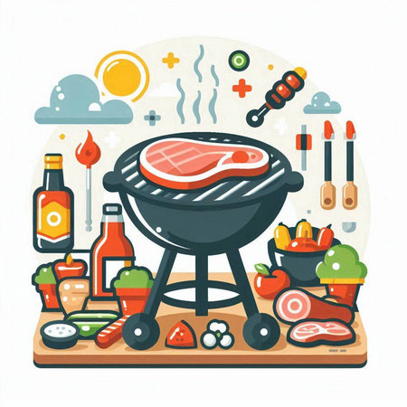 Barbecue grill with meat and vegetables. Vector illustration in flat styleのイラスト素材
