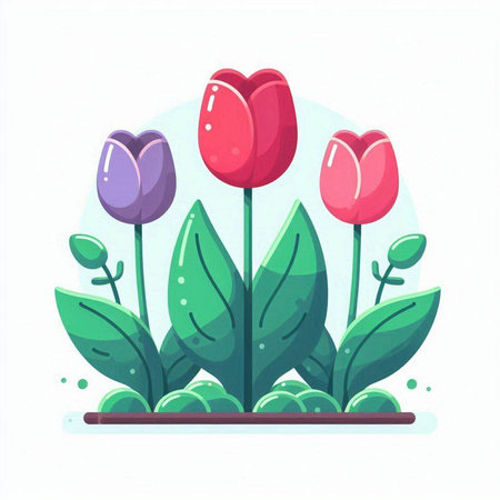 Tulips in the garden. Vector illustration in flat style.のイラスト素材