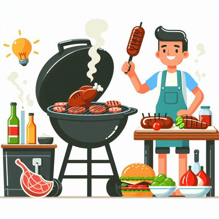 Man cooking meat on barbecue grill. Vector illustration in cartoon style.のイラスト素材