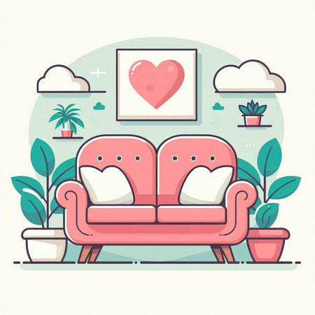 Living room interior with sofa, plants and flowers. Vector illustration.のイラスト素材