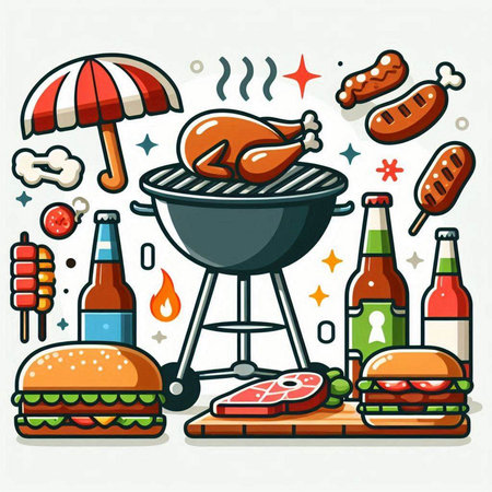 Barbecue grill with grilled chicken, hamburger and beer. Vector illustration.のイラスト素材