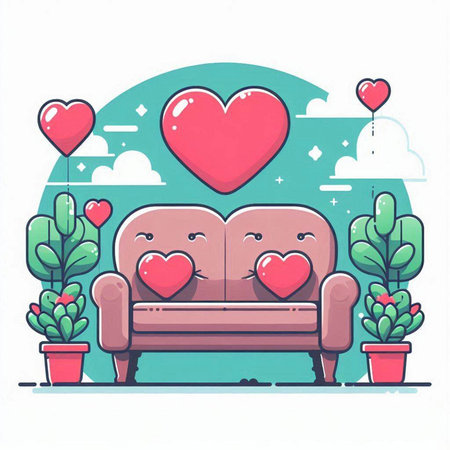Valentine's day greeting card with love sofa. Vector illustrationのイラスト素材